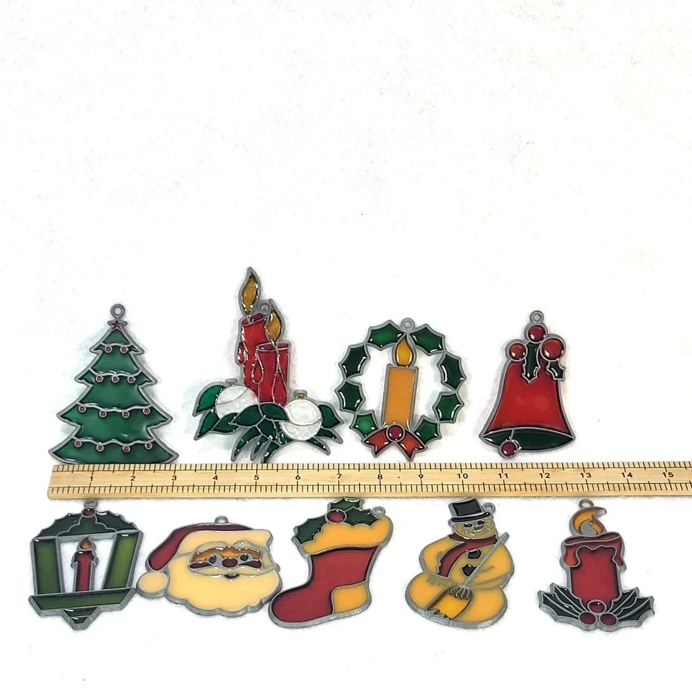 Vintage Christmas Suncatchers Lot 9 Holiday Tree Santa Candle Wreath 1980s Decor
